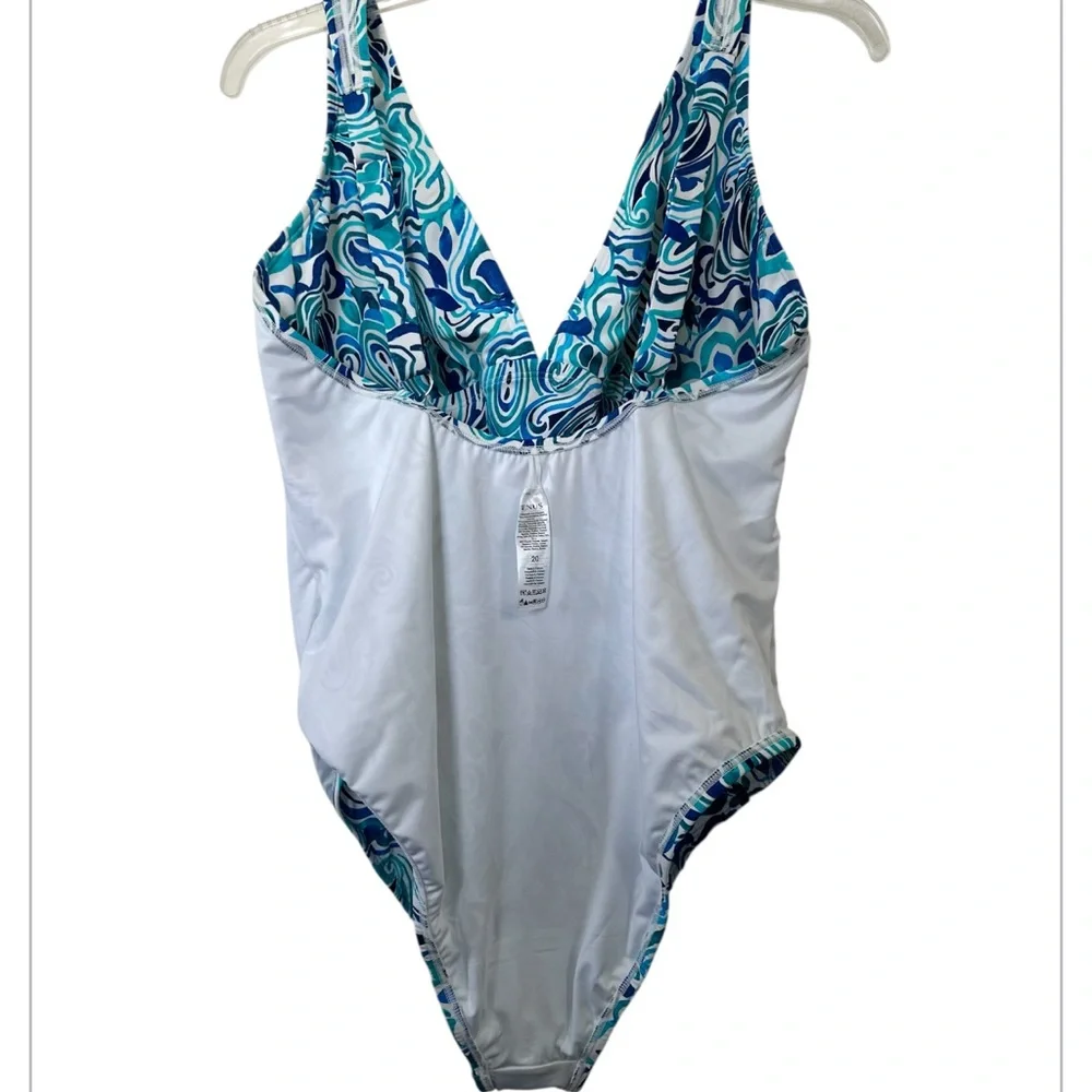 VENUS Maldives Plunge One Piece Swimsuit in Blue and White Pattern